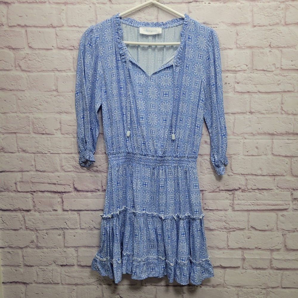 Walker & Wade Blue Boho‎ Mini Dress XS Floral Ruffle Tiered Peasant Cottagecore
